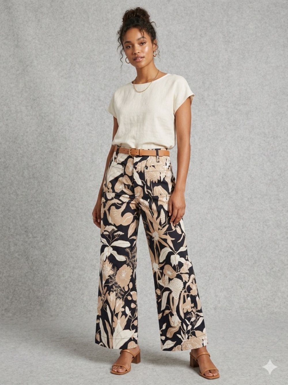 Maeve Black & Tan Wide-Leg Floral Jeans